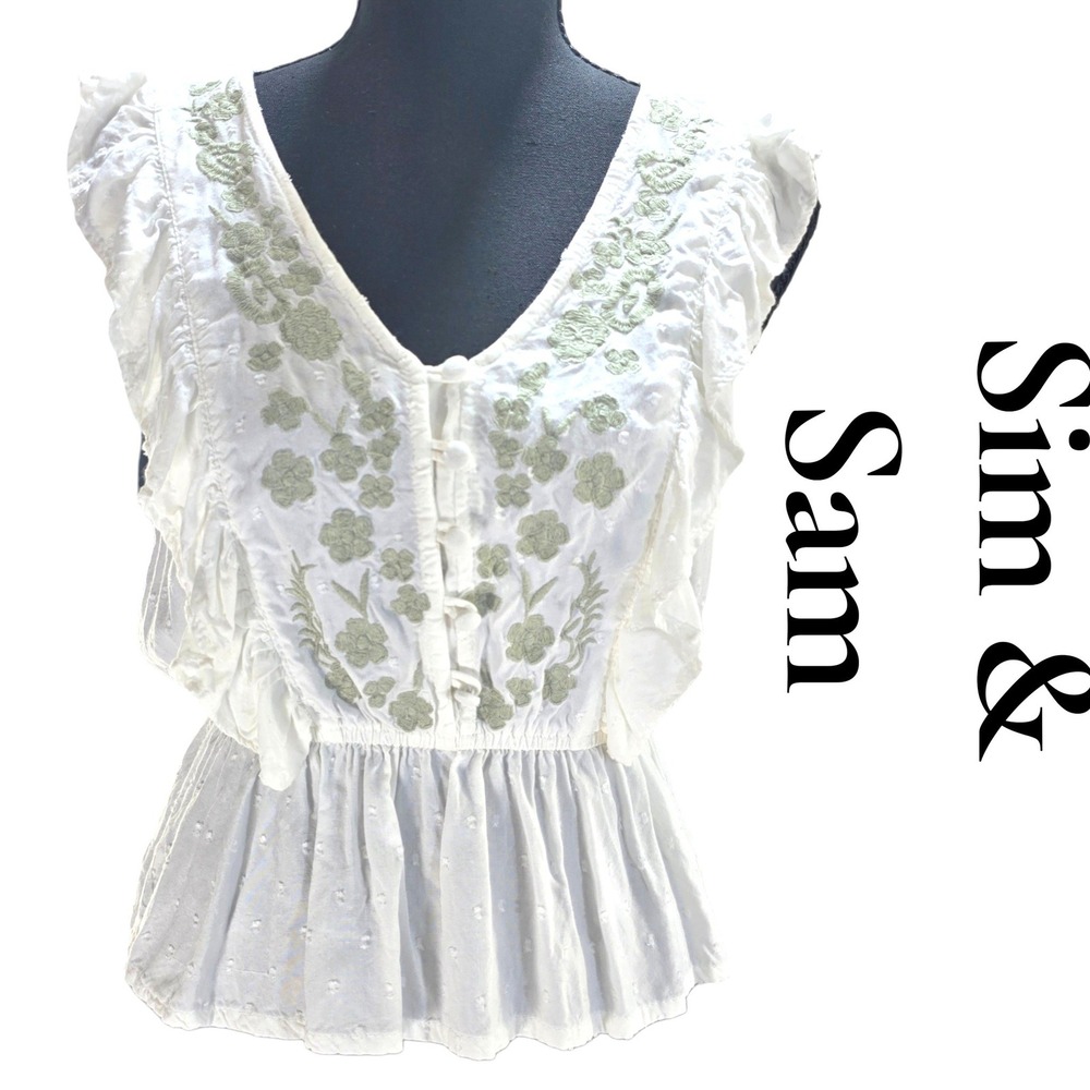 Sim & Sam Peplum Top Womens S White Rayon Embroidered Floral Boho Ruffle Blouse